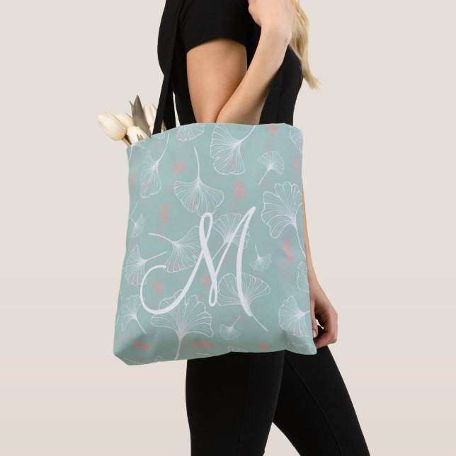 Turquoise And White Ginkgo Monogram Tote Bag (Close Up)
