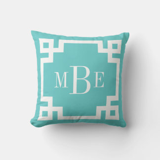 Turquoise and White Greek Key Monogram Cushion