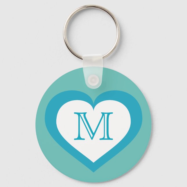 Turquoise and White Heart Monogram Key Ring (Front)