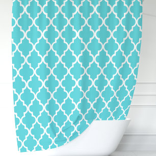 Turquoise and White Moroccan Quatrefoil Shower Curtain