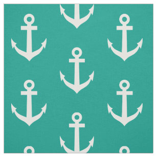 Turquoise and white nautical anchor textile fabric
