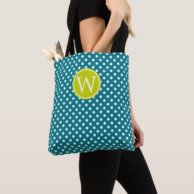 Turquoise and White Polka Dot With Lime Monogram Tote Bag (Close Up)