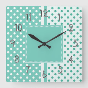 Turquoise and White Polka Dots Square Clock