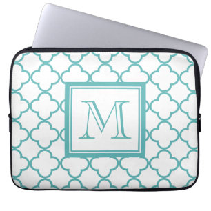 Turquoise and White Quatrefoil Your Monogram Laptop Sleeve