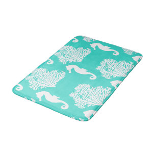 Turquoise And White Seahorse Coastal Pattern Bath Mat