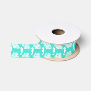 Turquoise And White Seahorse Coastal Pattern Satin Ribbon