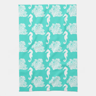Turquoise And White Seahorse Coastal Pattern Tea Towel