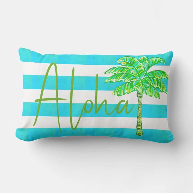 Turquoise and White Stripe Palm Tree Aloha Lumbar Cushion (Front)