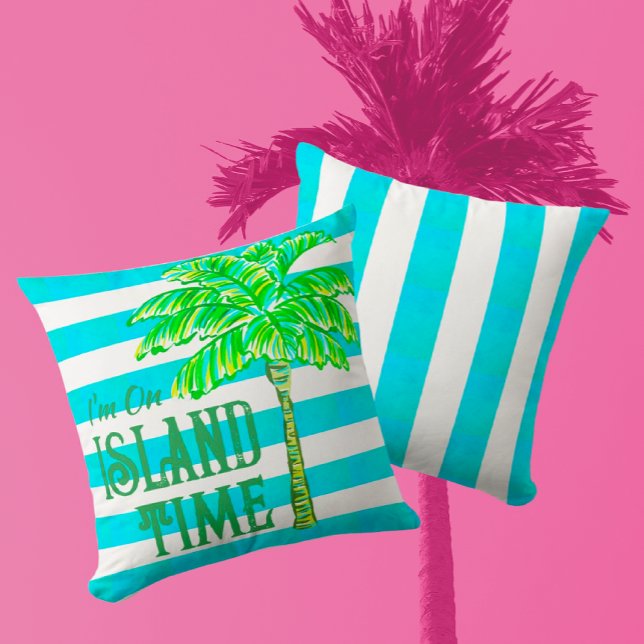 Turquoise and White Stripe Palm Tree Island Time Cushion (The best time is Island Time!)
