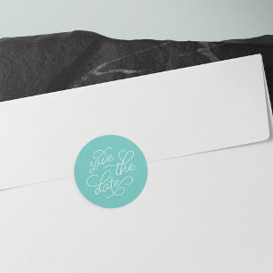 Turquoise and White Typography Save the Date Classic Round Sticker