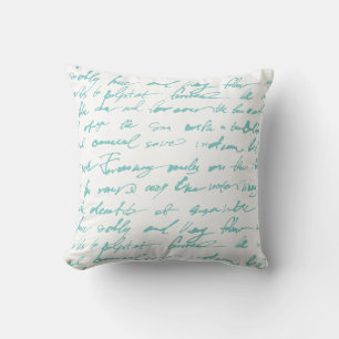 Turquoise and White Written Script Throw Pillow