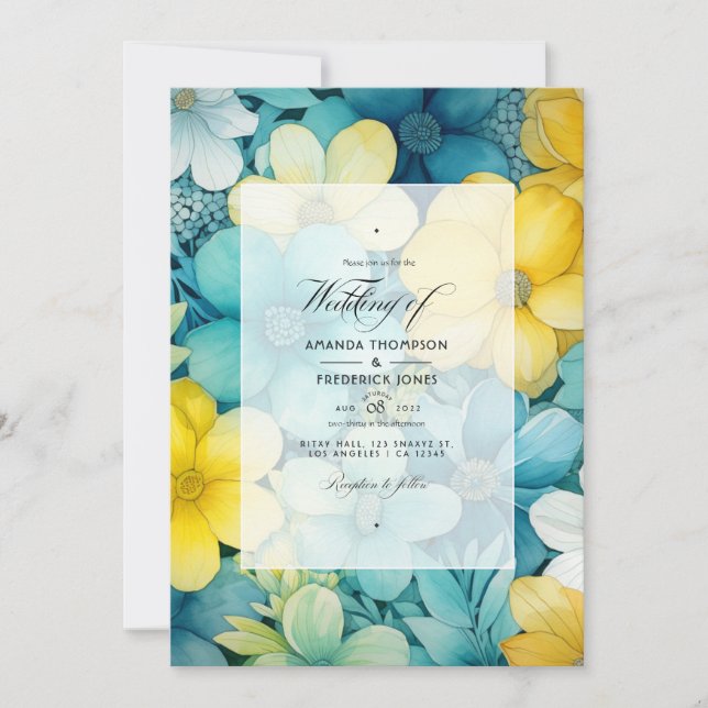 Turquoise and Yellow and Grey Floral Wedding Invitation (Front)