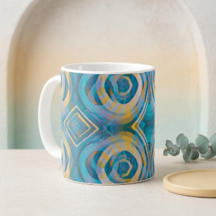 Turquoise and Yellow Batik Circles & Diamonds Coffee Mug