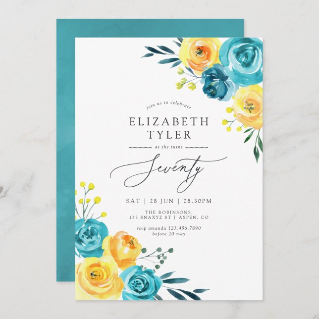Turquoise and Yellow Floral 70th Birthday Party Invitation (Front/Back)