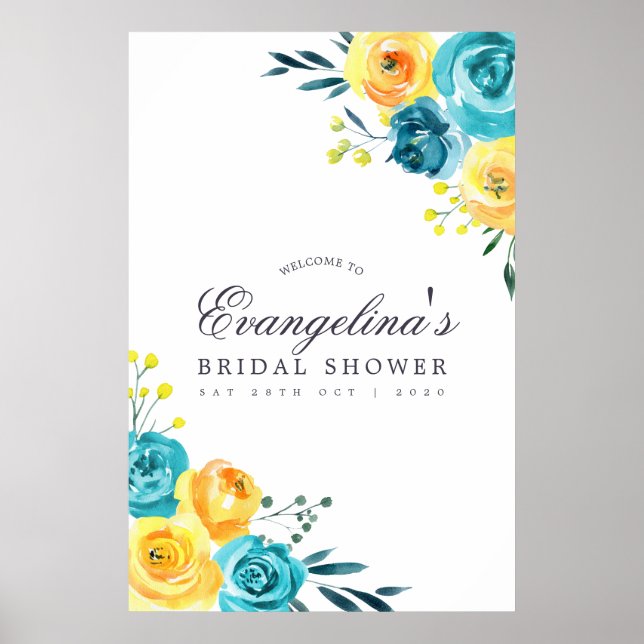 Turquoise and Yellow Floral Bridal Shower Welcome Poster (Front)