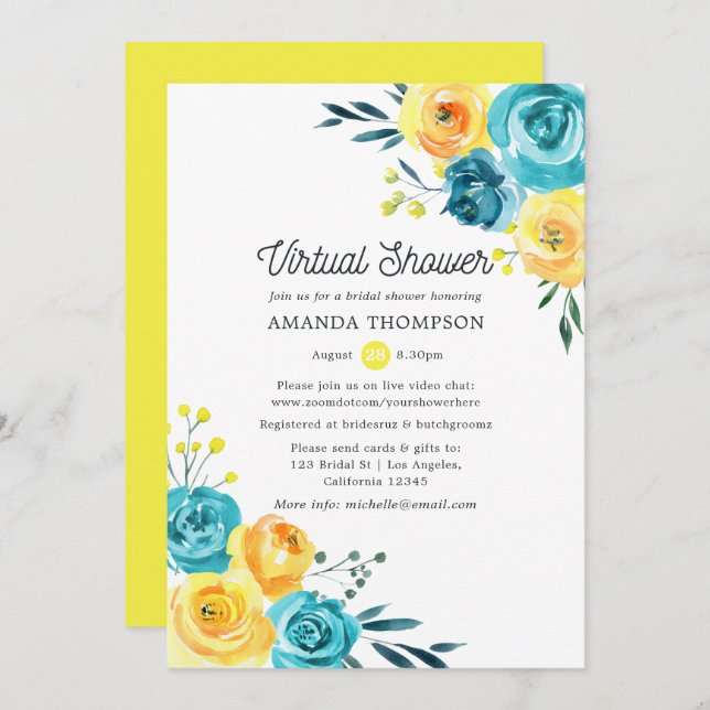 Turquoise and Yellow Floral Virtual Bridal Shower Invitation (Front/Back)
