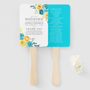 Turquoise and Yellow Floral Wedding Program Hand Fan