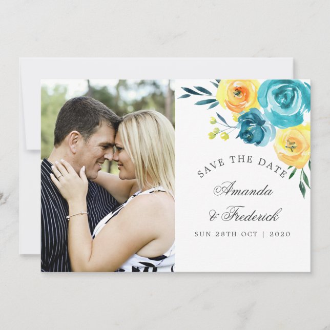 Turquoise and Yellow Floral Wedding Save the Date (Front)