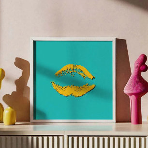Turquoise and Yellow Kissing Lips Poster