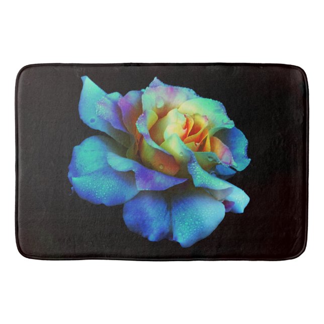 Turquoise and Yellow Tie-Dyed Rose Bath Mat (Front)