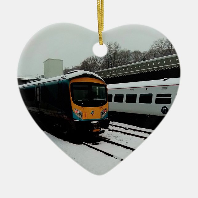 Turquoise and yellow train ceramic tree decoration (Front)
