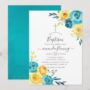Turquoise and Yellow Watercolor Floral Baptism Invitation