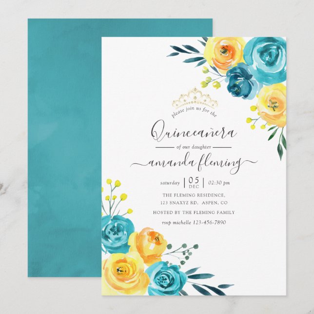 Turquoise and Yellow Watercolor Floral Quinceañera Invitation (Front/Back)