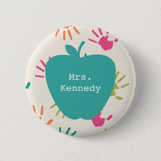 Turquoise Apple Colourful Handprints Teacher 6 Cm Round Badge (Front)