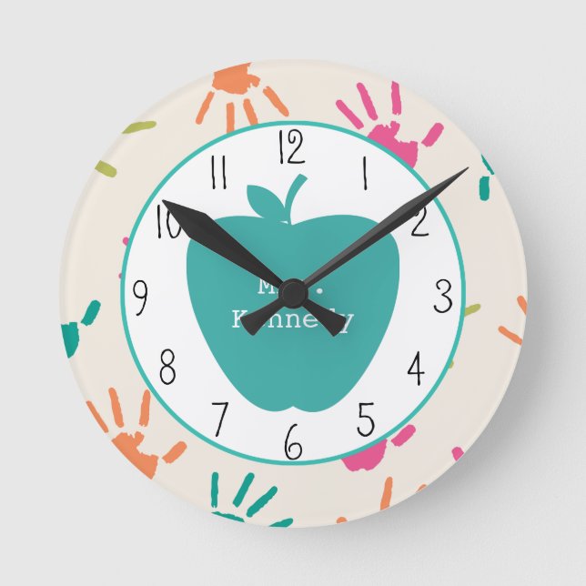 Turquoise Apple Colourful Handprints Teacher Round Clock (Front)