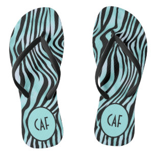 Turquoise Aqua Black Zebra Animal Print Monogram Jandals