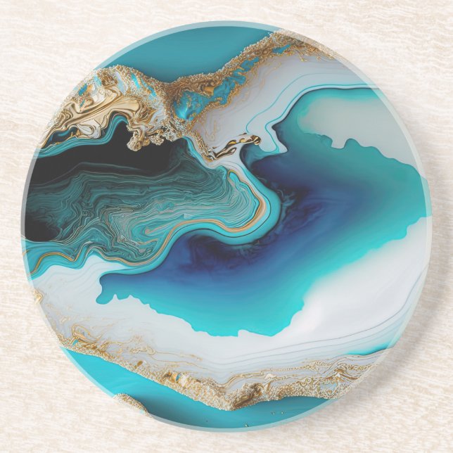 Turquoise Aqua Blue Gold Gemstone Acrylic Pour Art Coaster (Front)