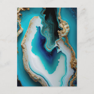 Turquoise Aqua Blue Gold Gemstone Acrylic Pour Art Postcard