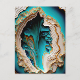 Turquoise Aqua Blue Gold Gemstone Acrylic Pour Art Postcard