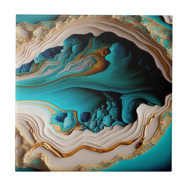 Turquoise Aqua Blue Gold Gemstone Acrylic Pour Art Tile (Front)