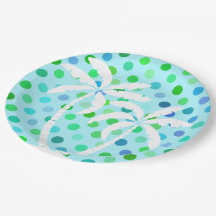 Turquoise Aqua Blue Lime Green Polkadots Pattern Paper Plate