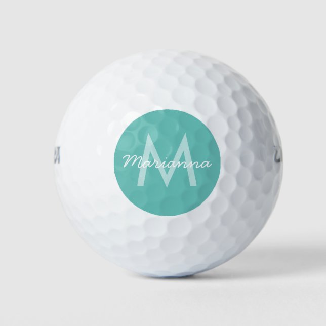 Turquoise Aqua Blue Modern Monogram Name Golf Balls (Front)