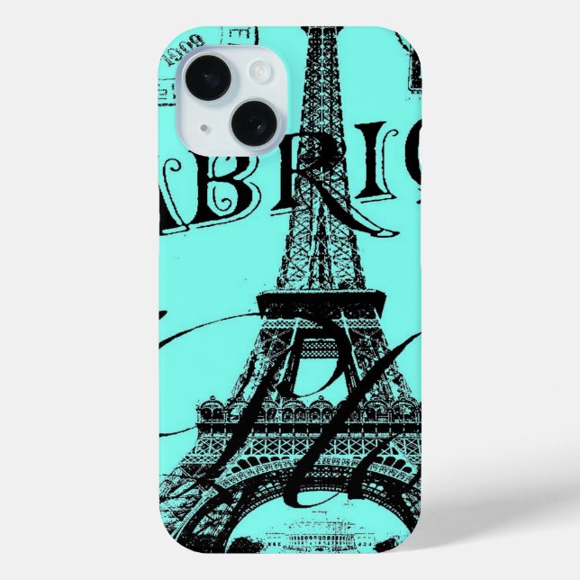 turquoise aqua blue scripts Paris Eiffel Tower Case-Mate iPhone Case (Back)