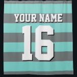 Turquoise Aqua Charcoal Sports Jersey Stripe Shower Curtain<br><div class="desc">Preppy Striped Team Jersey / Sports Jersey / Football Jersey / Rugby Jersey with Custom Name Customise this with your own name or team name and a number. You can change the size, colour and placement of the text if you need to make changes, change the colour of or remove...</div>