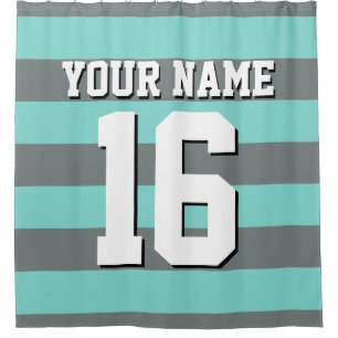 Turquoise Aqua Charcoal Sports Jersey Stripe Shower Curtain