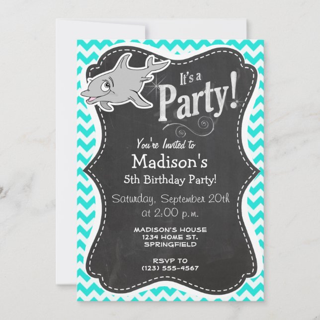 Turquoise, Aqua Colour Chevron; Dolphin Invitation (Front)