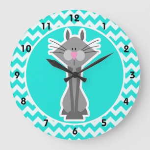 Turquoise, Aqua Colour Chevron; Grey Cat Large Clock