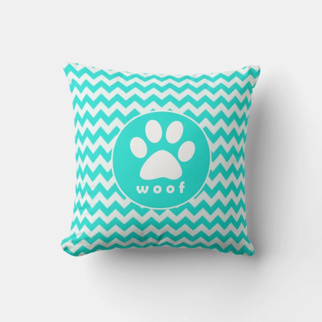 Turquoise, Aqua Colour Chevron; Paw Print Cushion (Front)