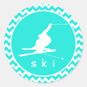 Turquoise, Aqua Colour Chevron; Snow Ski Classic Round Sticker