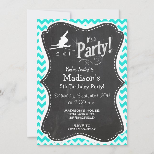Turquoise, Aqua Colour Chevron; Snow Ski Invitation (Front)