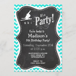 Turquoise, Aqua Colour Chevron; Snow Ski Invitation