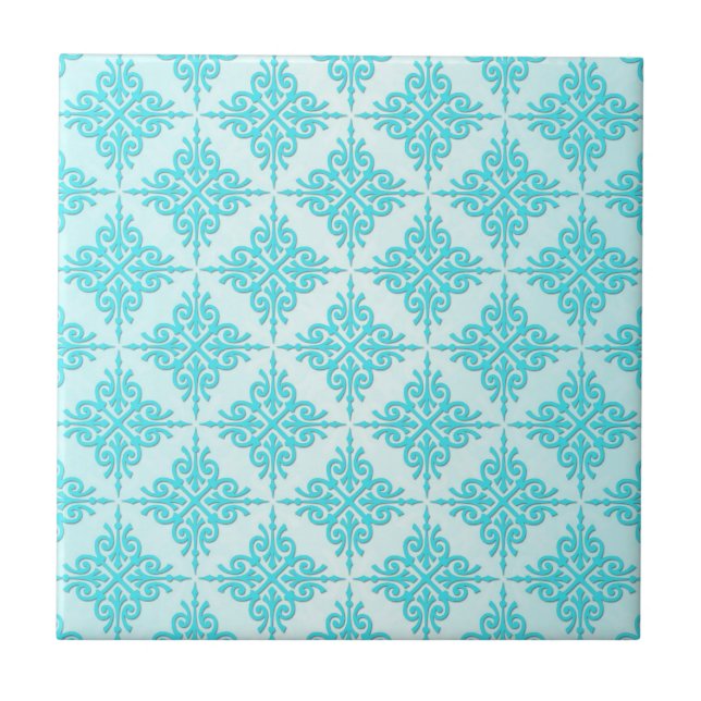 Turquoise Aqua Damask Pattern Tile (Front)