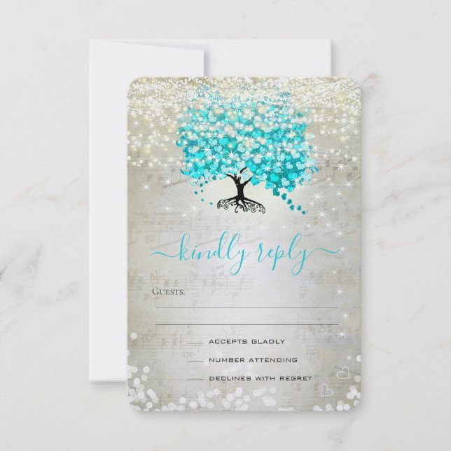 Turquoise Aqua Fairytale Lights and Stars Wedding RSVP Card (Front)