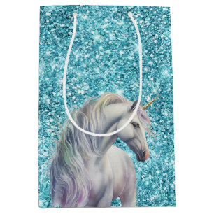 Turquoise Aqua Glitz Glitter Unicorn Medium Gift Bag