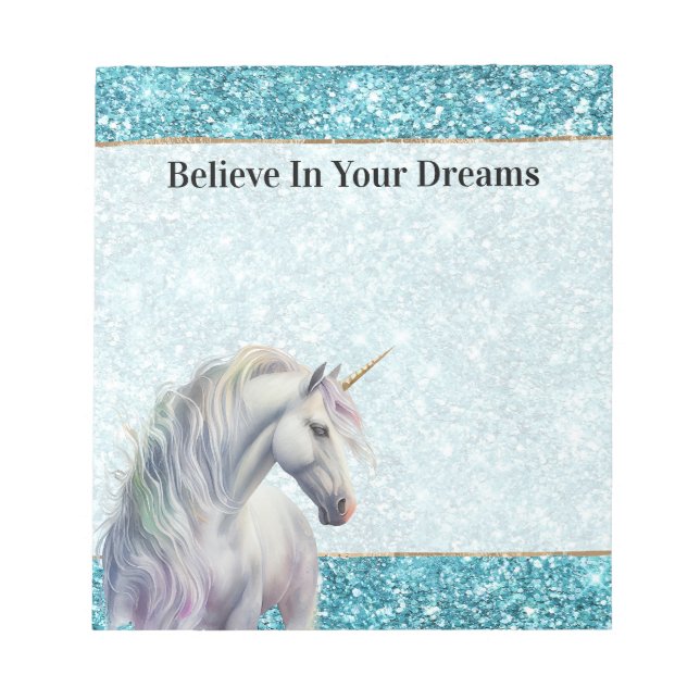 Turquoise Aqua Glitz Glitter Unicorn Notepad (Front)