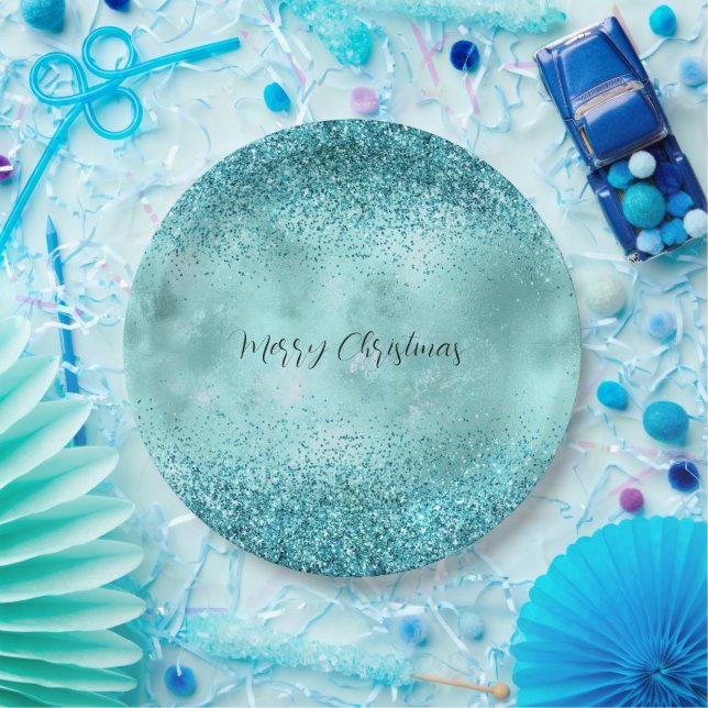 Turquoise Aqua Gold Glam Glitter        Paper Plate (Party)